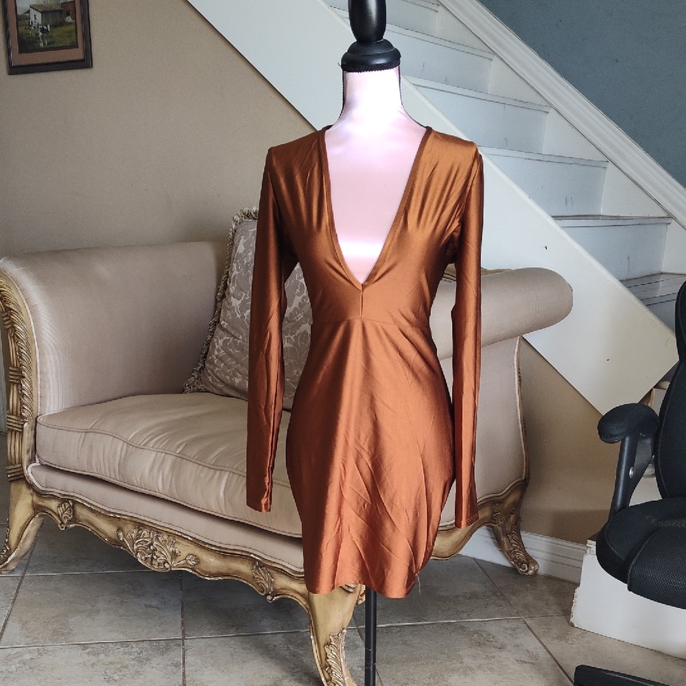 Fashion Nova Deep V-Neck Long Sleeve Dress in Brown